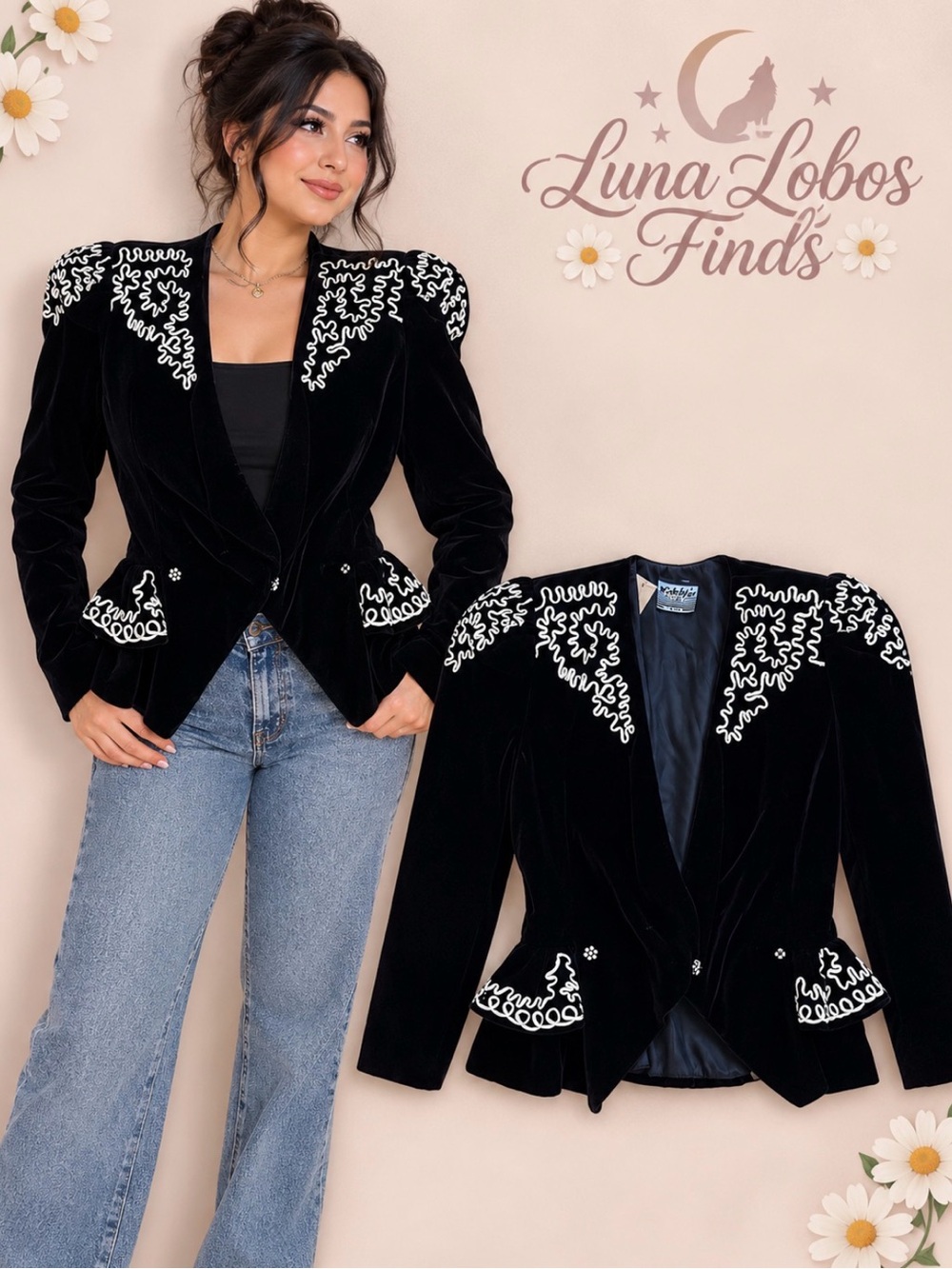 Vintage PATTY Velvet Embroidered Black Jacket Renaissance Victorian Vtg Size M